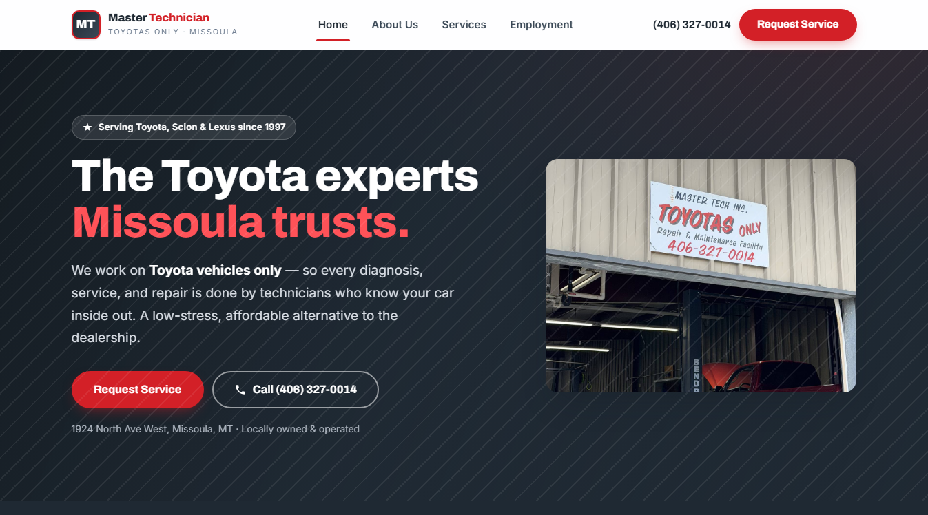 Website screenshot for Master Technician -Toyotas Only
