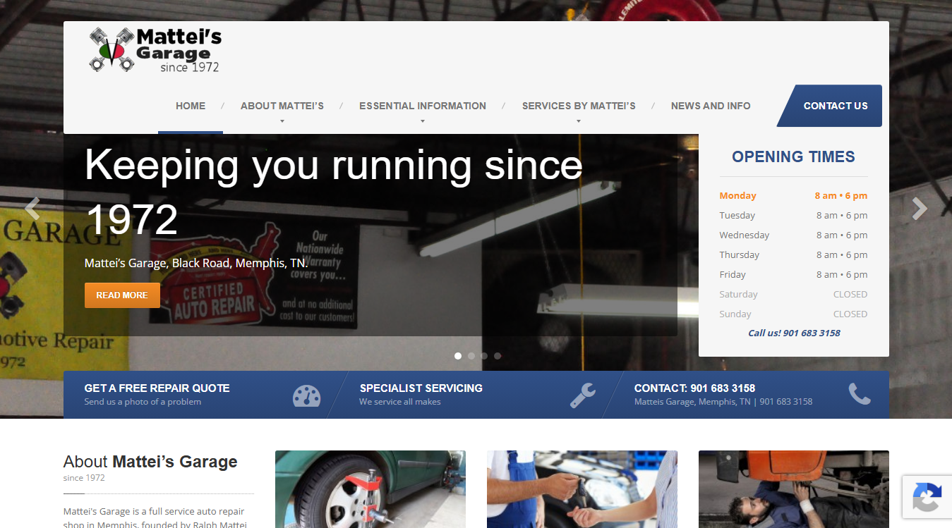 Website screenshot for Mattei's Garage