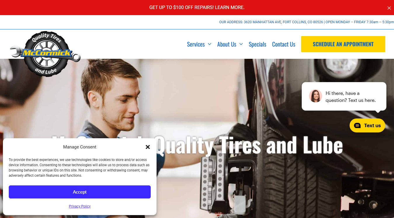 Website screenshot for McCormick Quality Tires and Lube