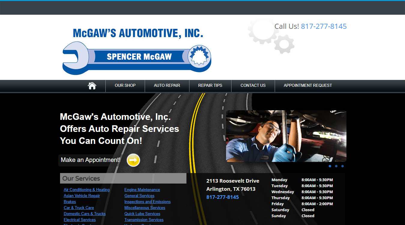 Website screenshot for McGaw's Automotive, Inc.