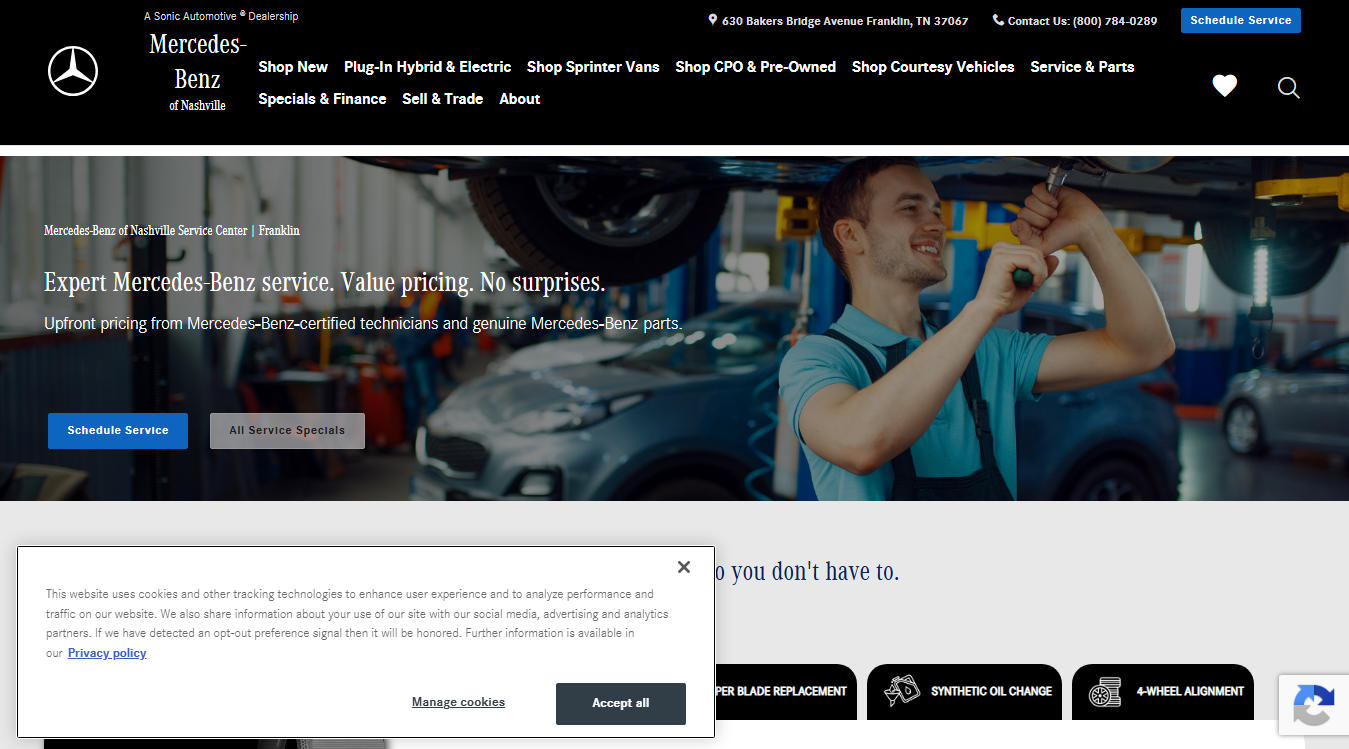 Website screenshot for Mercedes-Benz of Nashville - Service & Repair Facility