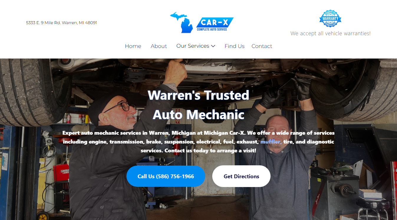 Website screenshot for Michigan Car-X | Auto Repair