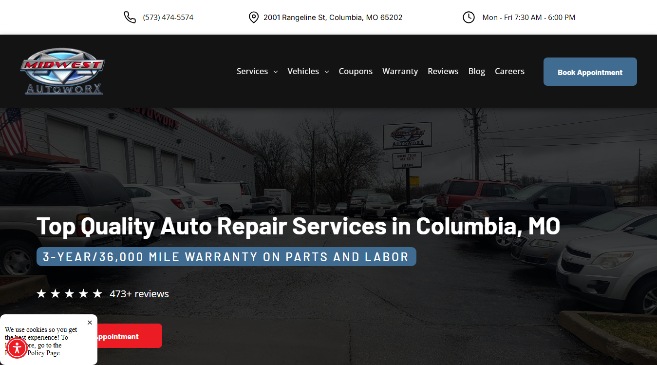 Website screenshot for Midwest Autoworx