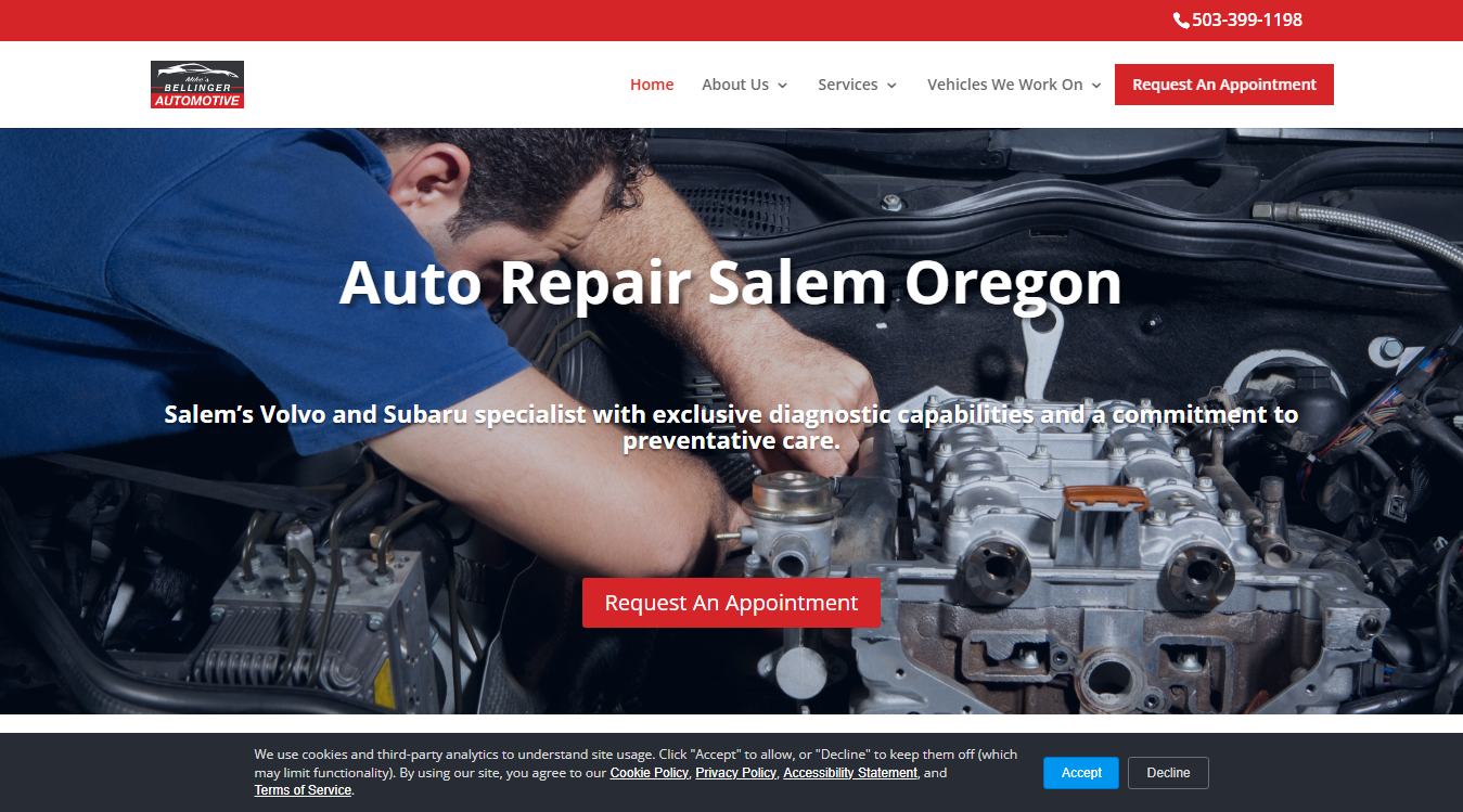 Website screenshot for Mike's Bellinger Automotive Inc