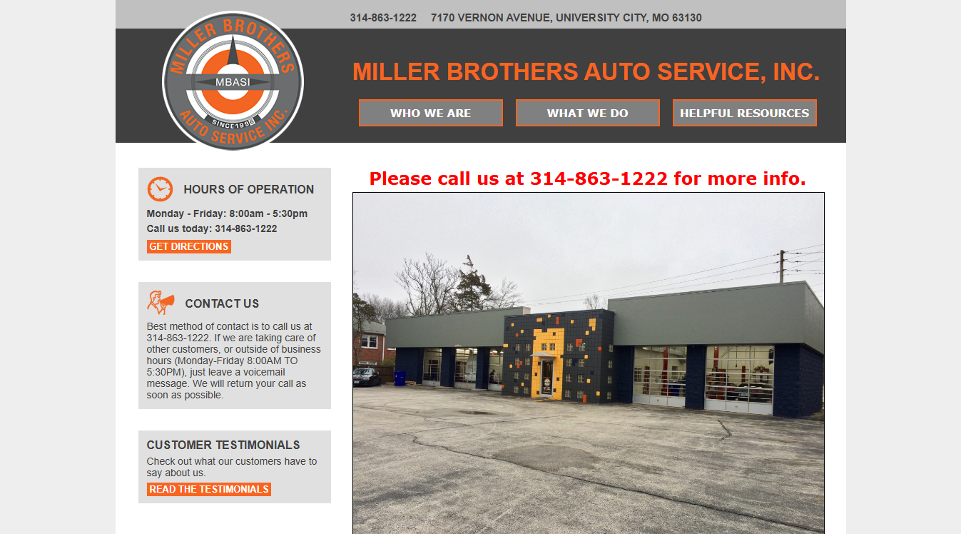 Website screenshot for Miller Brothers Auto Services