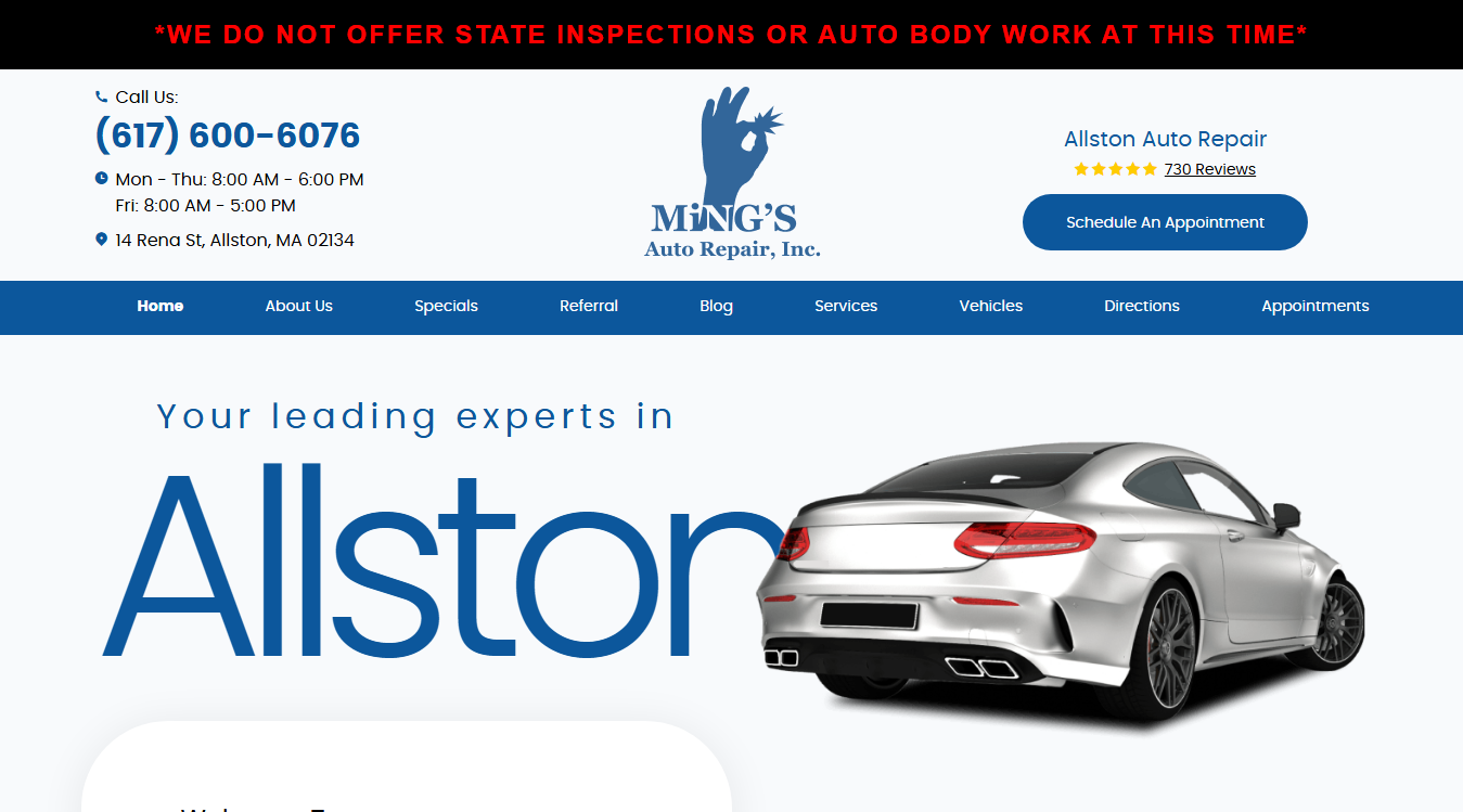 Website screenshot for Ming's Auto Repair