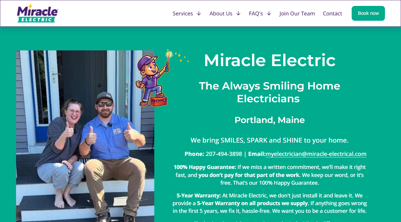 Website screenshot for Miracle Electric