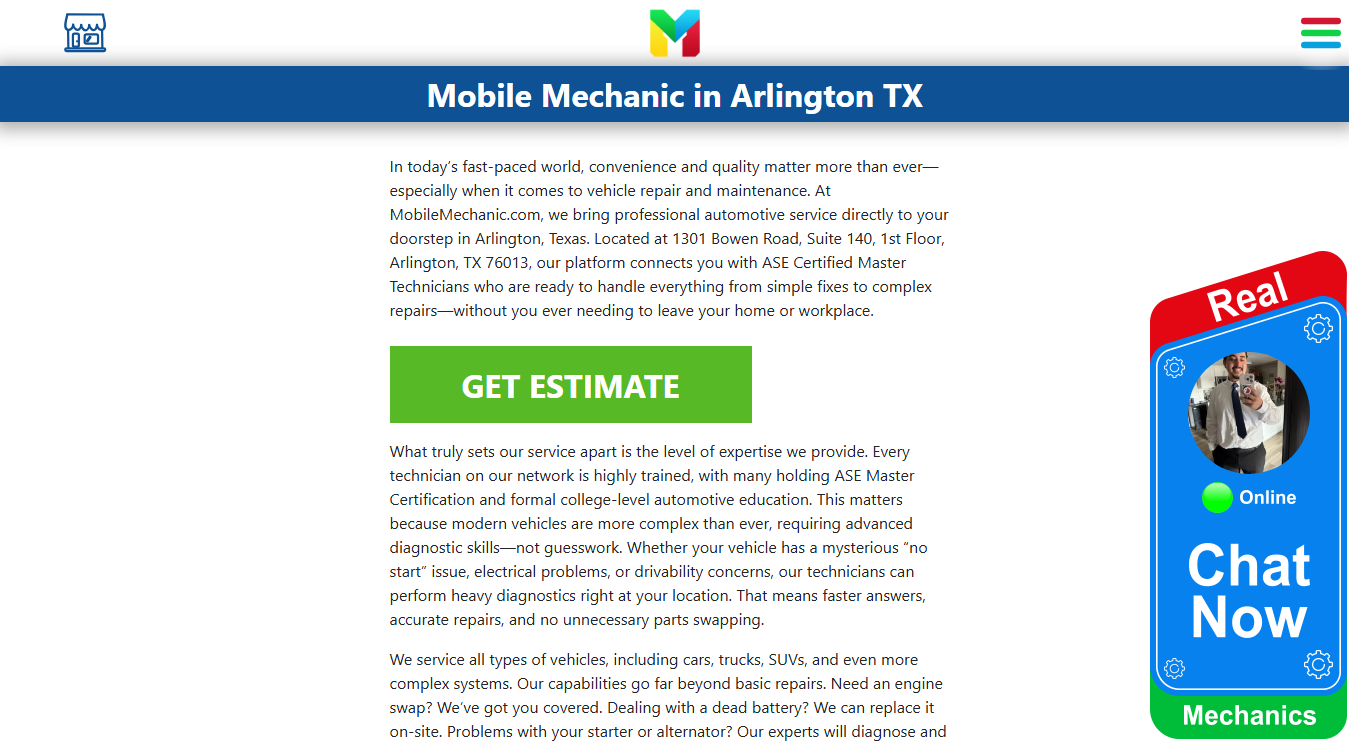 Website screenshot for Mobile Mechanic
