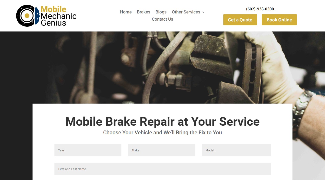 Website screenshot for Mobile Mechanic Genius