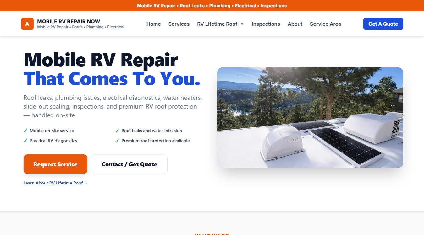 Website screenshot for Mobile RV Repair NOW