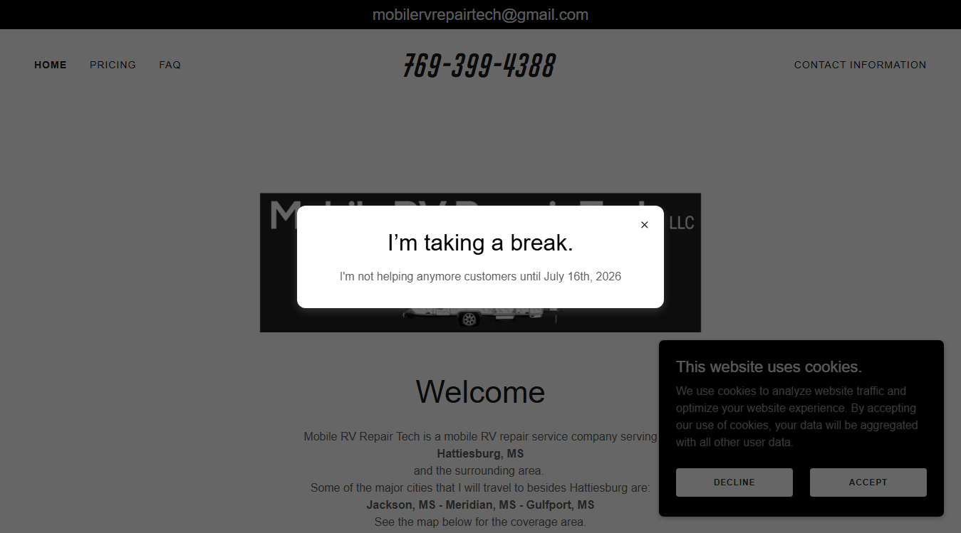 Website screenshot for Mobile RV Repair Tech