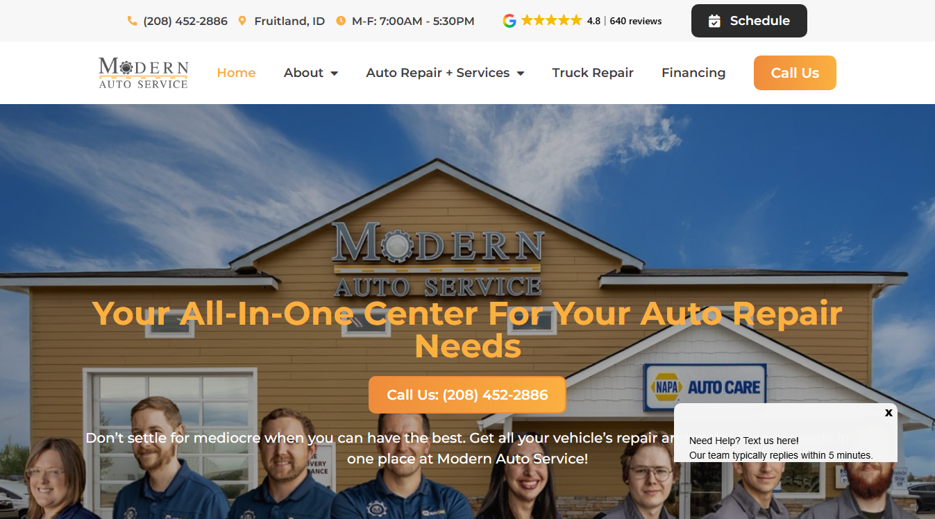 Website screenshot for Modern Auto Service
