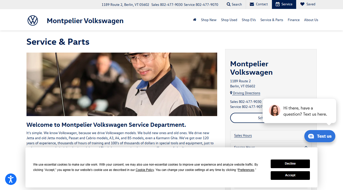 Website screenshot for Montpelier Volkswagen Parts & Service Center