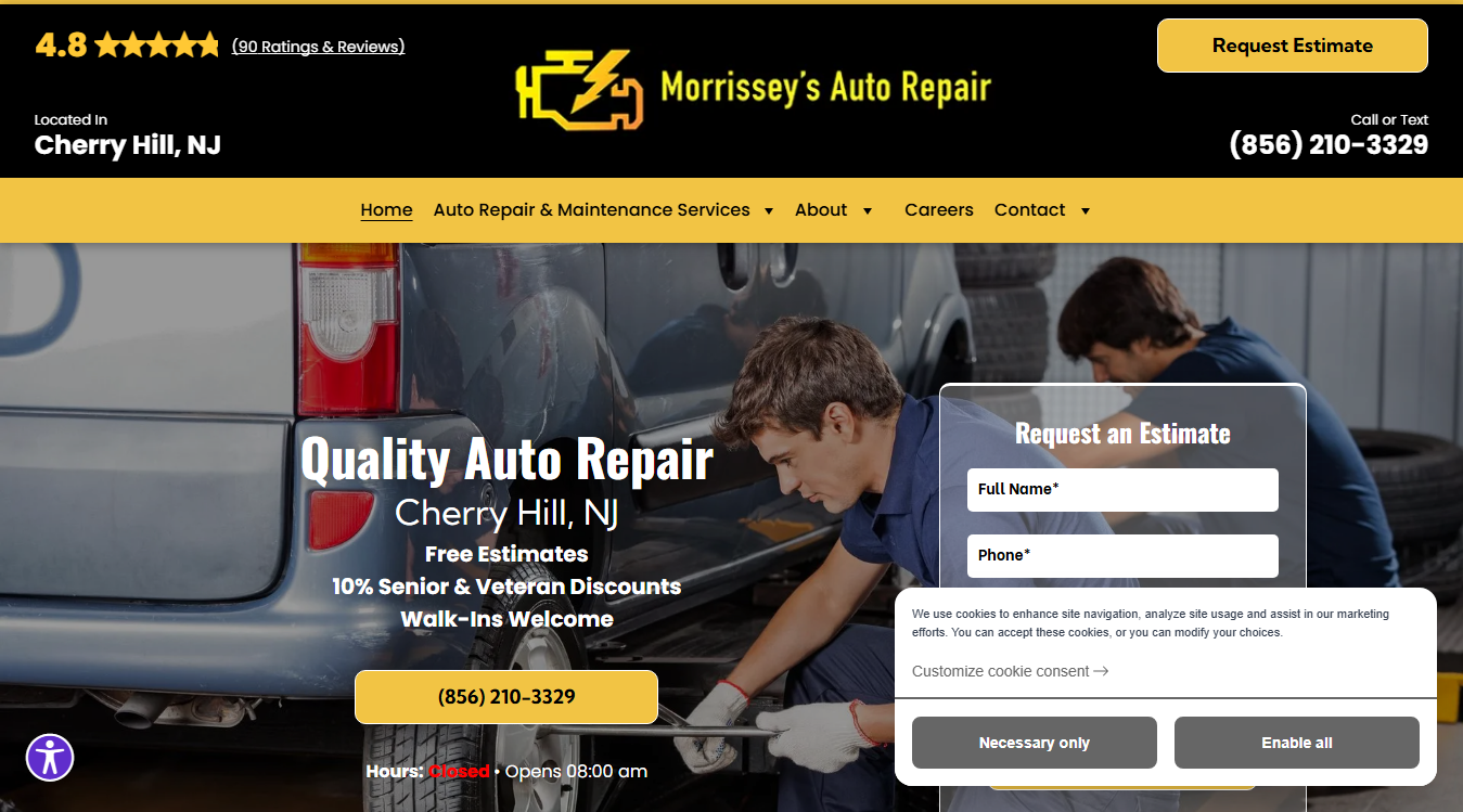 Website screenshot for Morrissey's Auto Repair