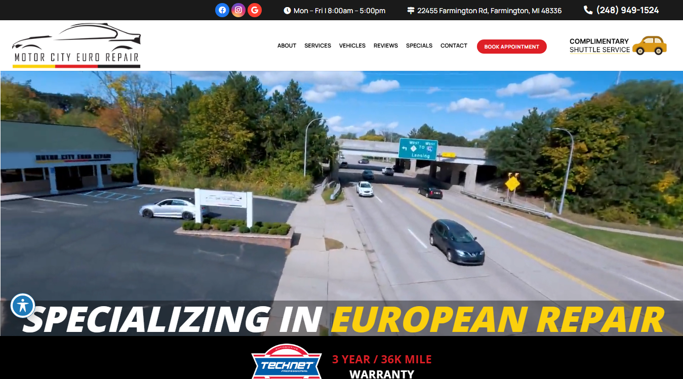 Website screenshot for Motor City Euro Repair