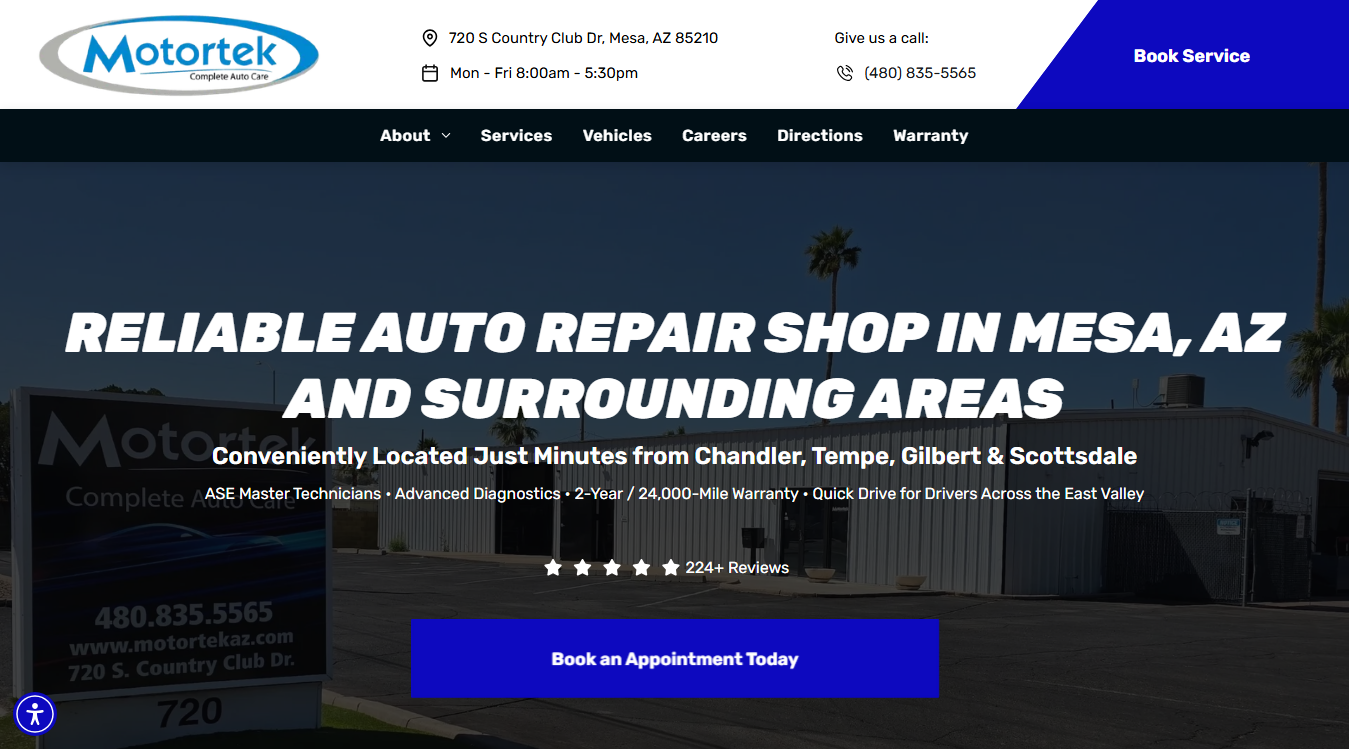 Website screenshot for Motortek Complete Auto Care