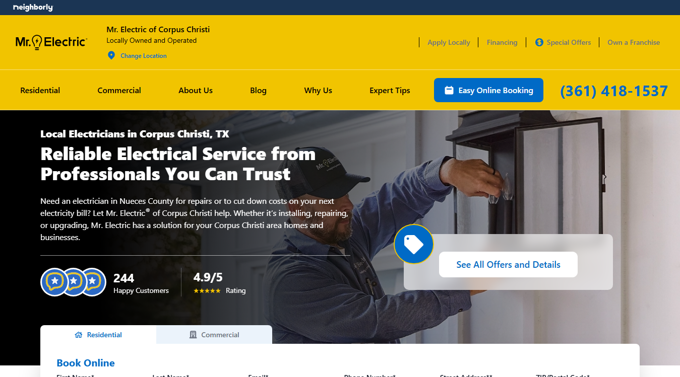 Website screenshot for Mr. Electric of Corpus Christi