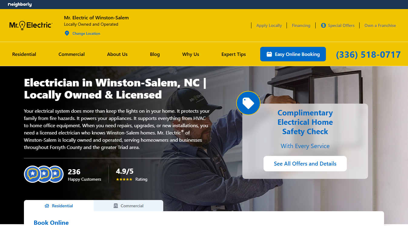 Website screenshot for Mr. Electric of Greensboro