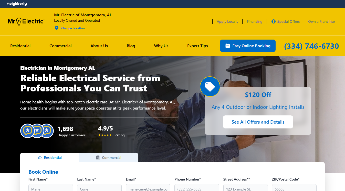 Website screenshot for Mr. Electric of Montgomery, AL