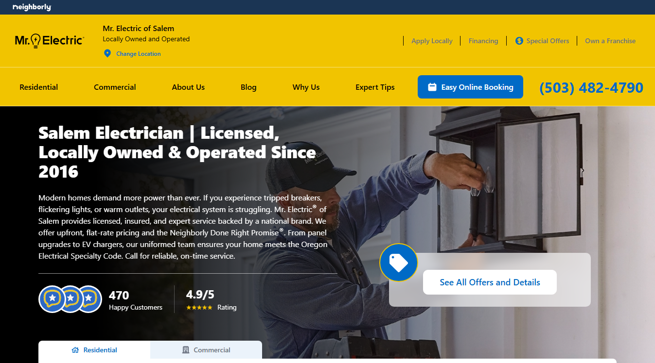 Website screenshot for Mr. Electric of Salem