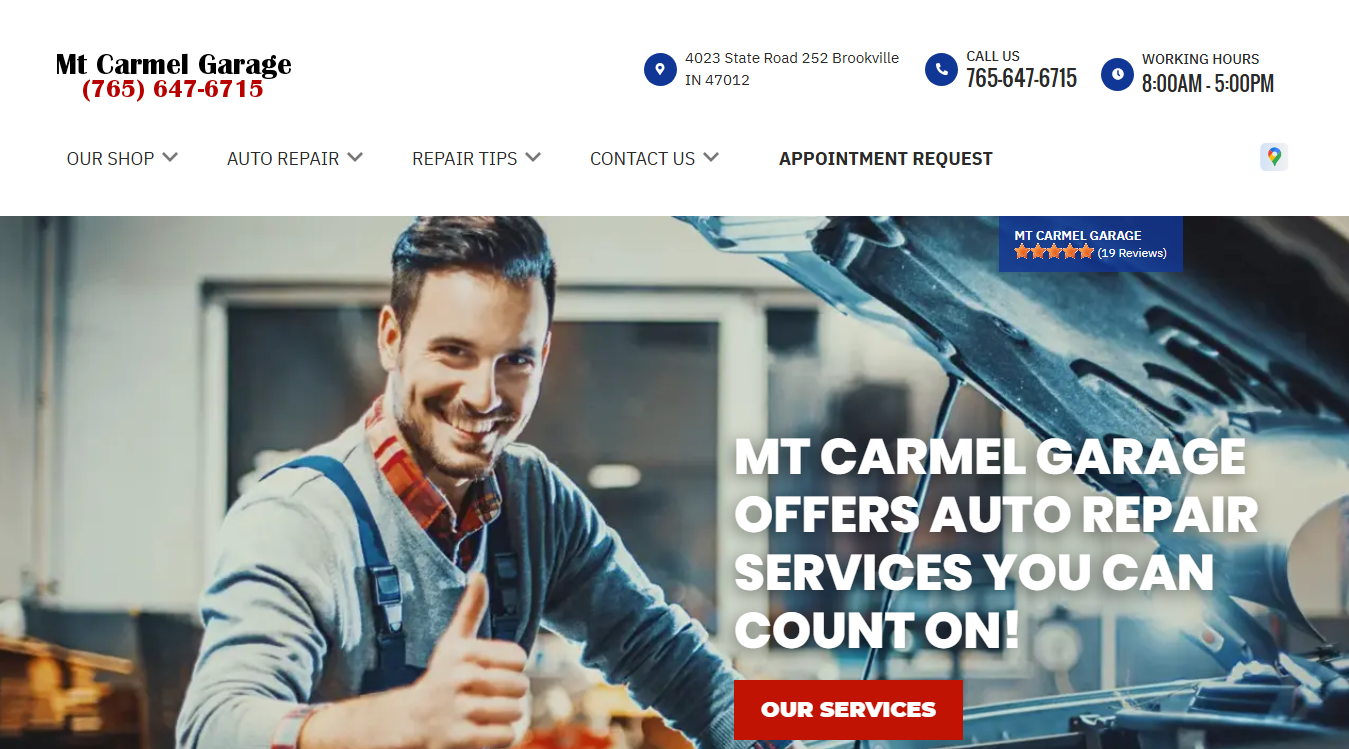 Website screenshot for Mt Carmel Garage