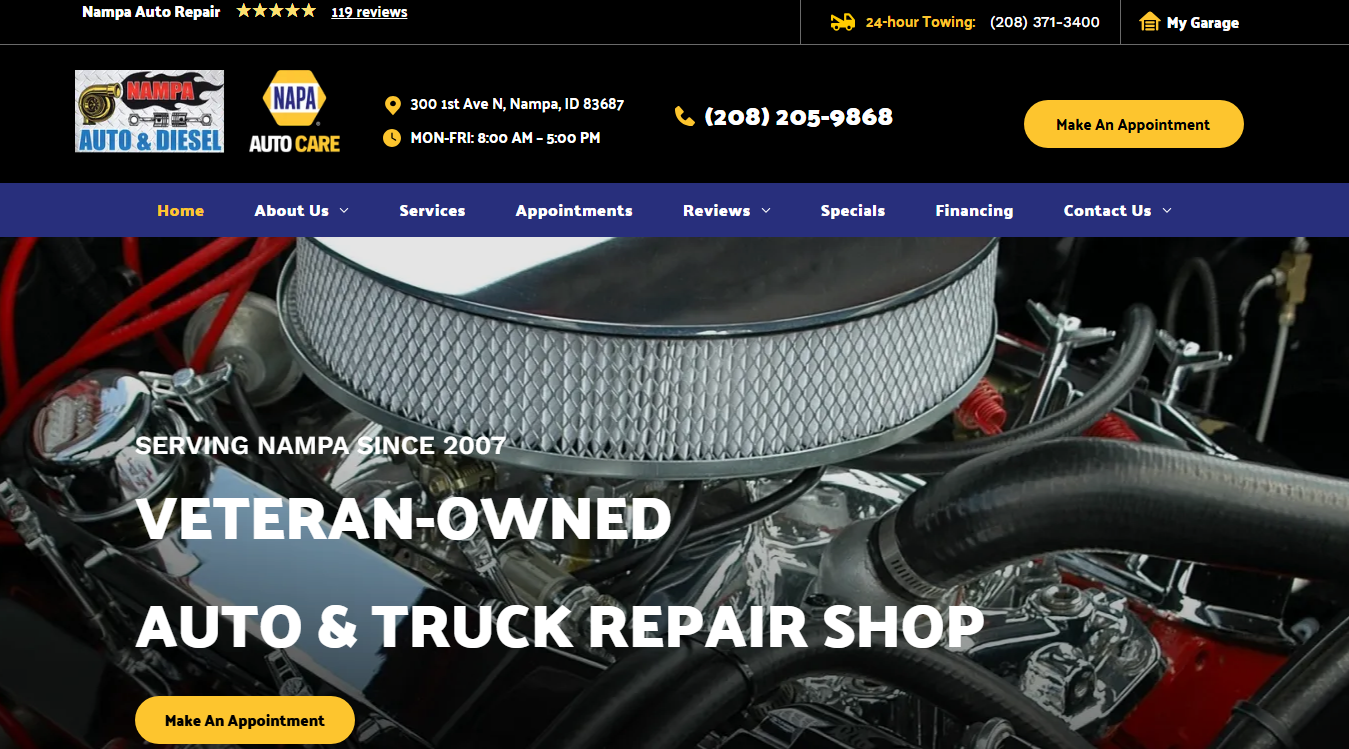 Website screenshot for Nampa Auto & Diesel