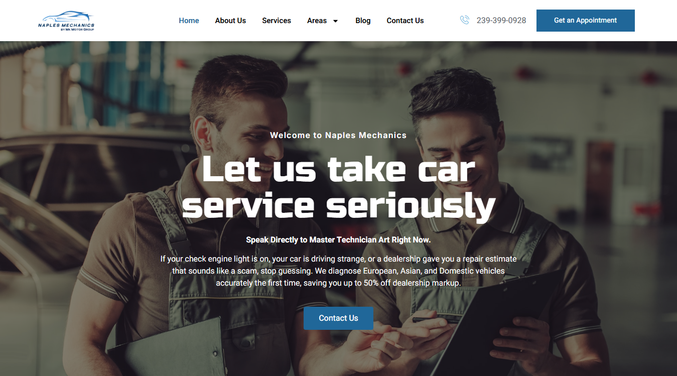 Website screenshot for Naples Mechanics LLC