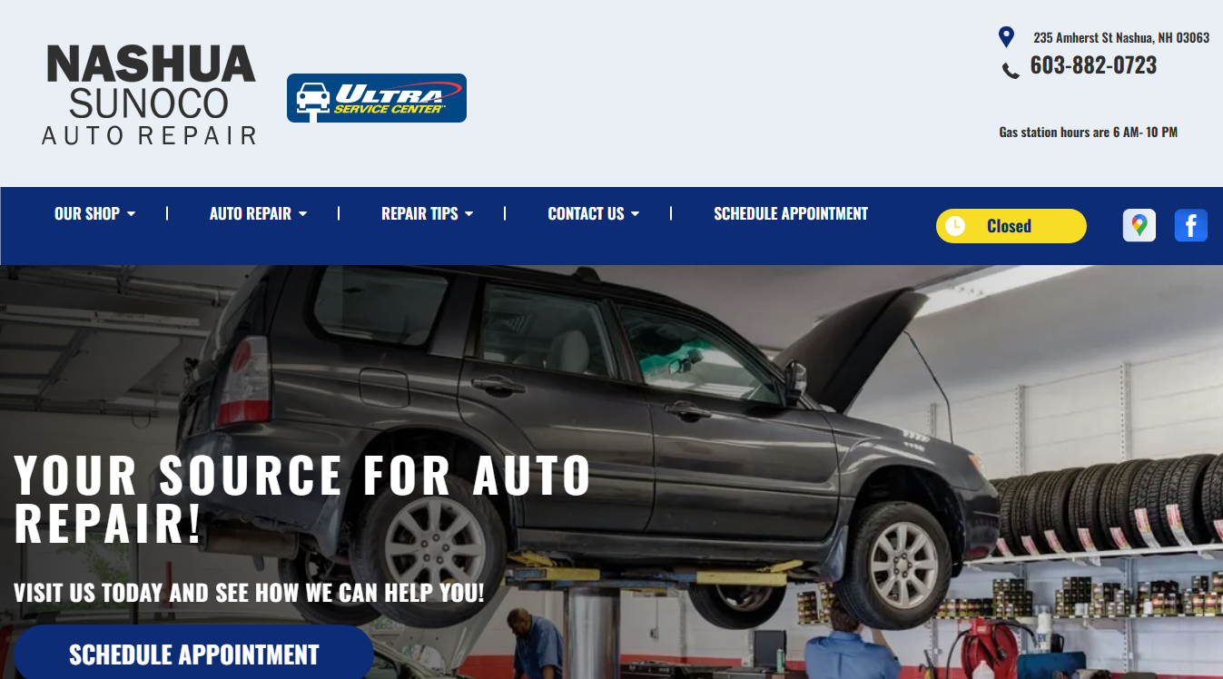Website screenshot for Nashua Sunoco Auto Repair Offering Free Safety Inspection