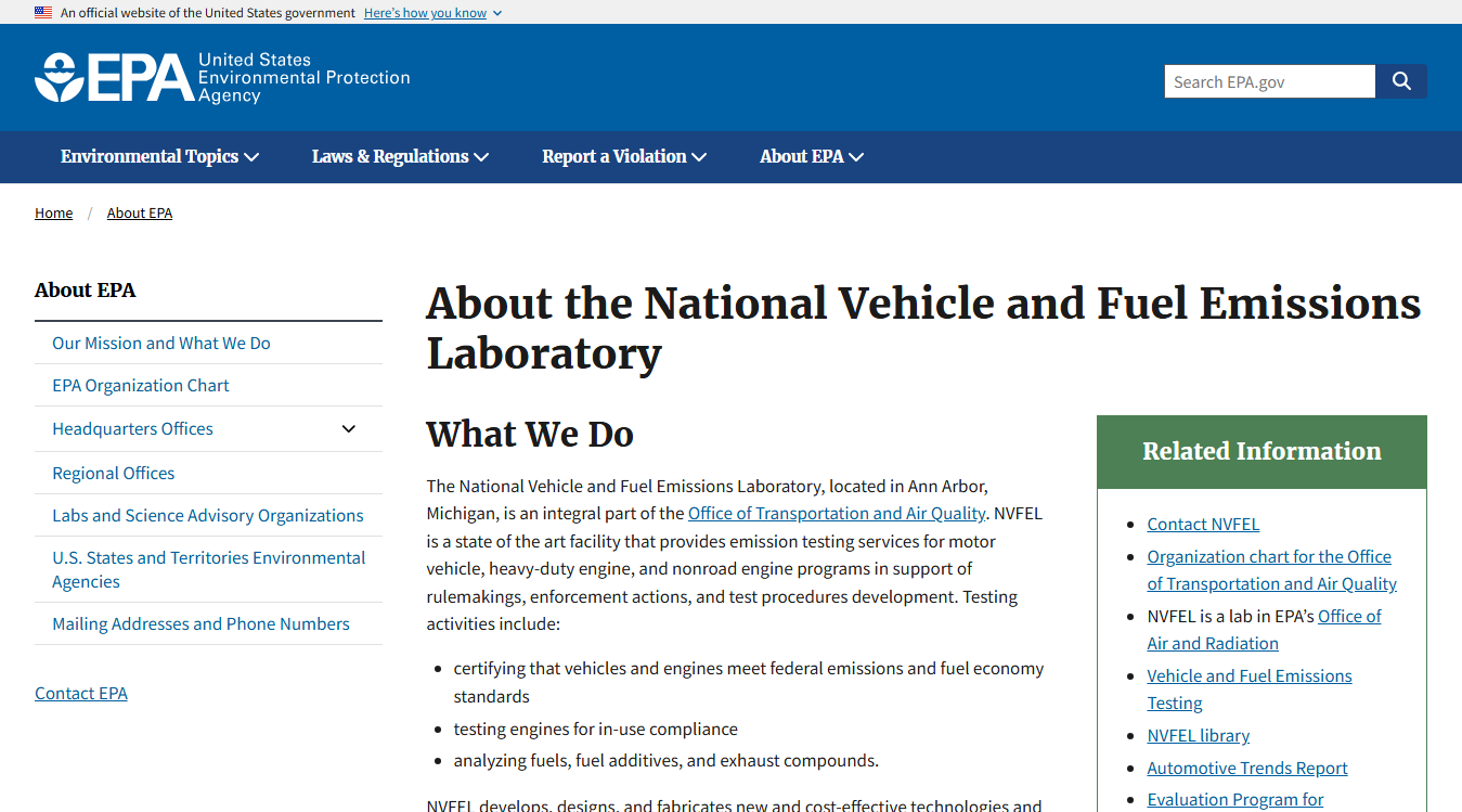 Website screenshot for National Vehicle and Fuel Emissions Laboratory (U.S. EPA)