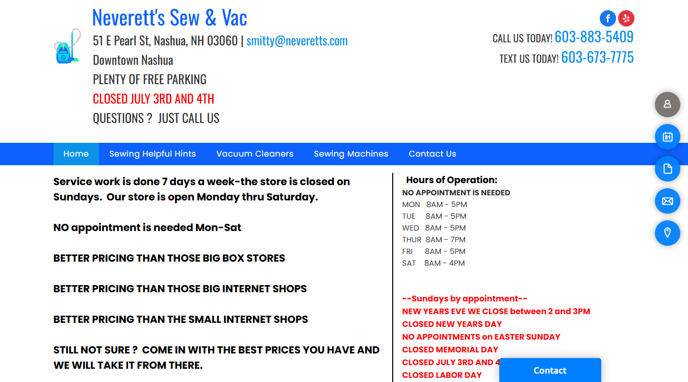Website screenshot for Neverett's Sew & Vac