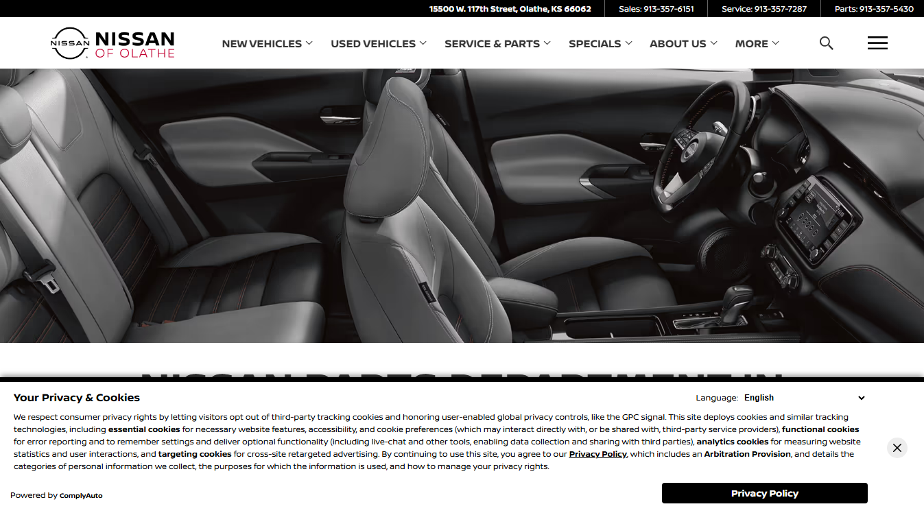 Website screenshot for Nissan of Olathe Parts