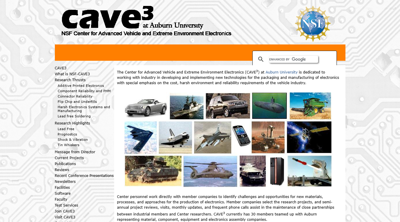 Website screenshot for NSF Center for Advanced Vehicle and Extreme Environment Electronics