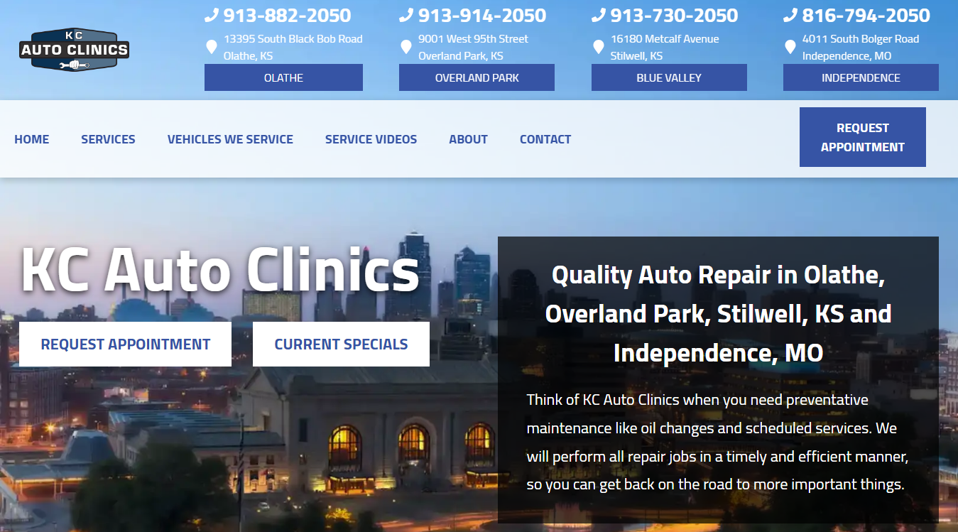 Website screenshot for Olathe Auto Clinic - KC Auto Clinics
