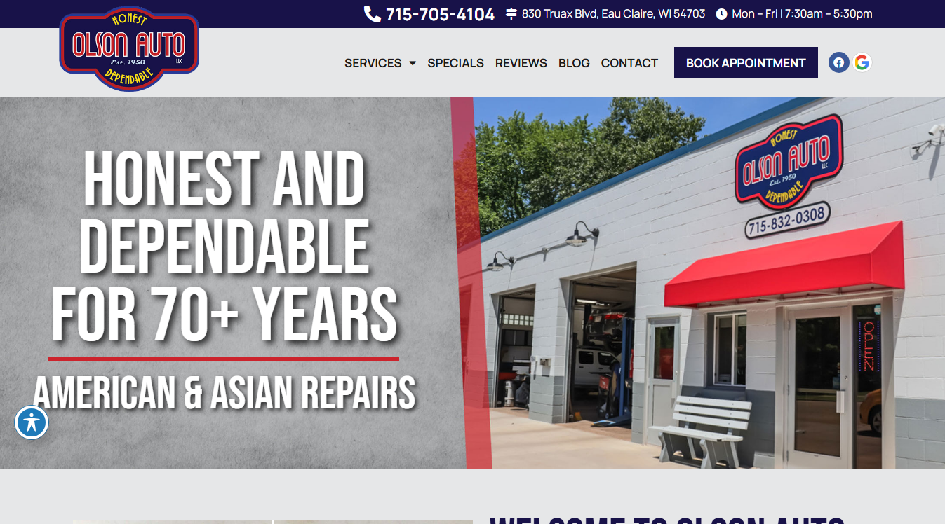 Website screenshot for Olson Auto LLC