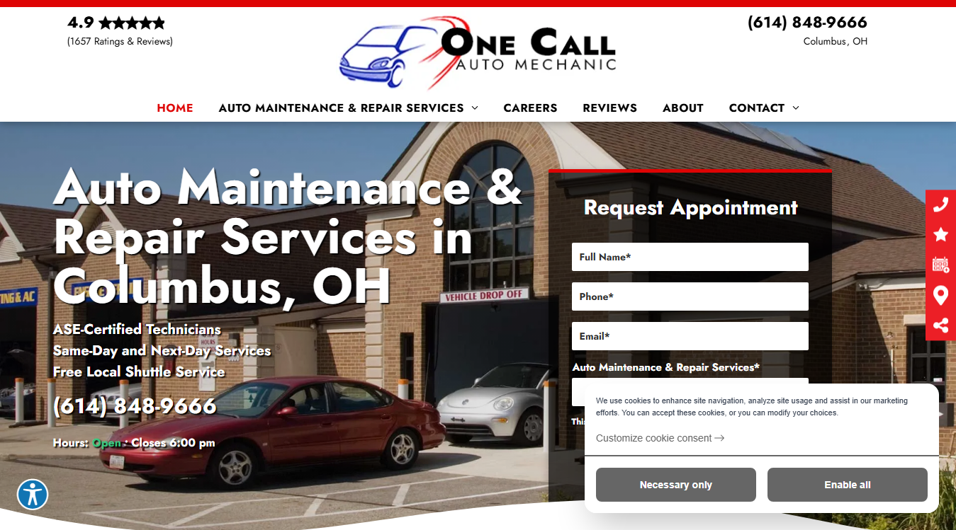 Website screenshot for One Call Auto Mechanic