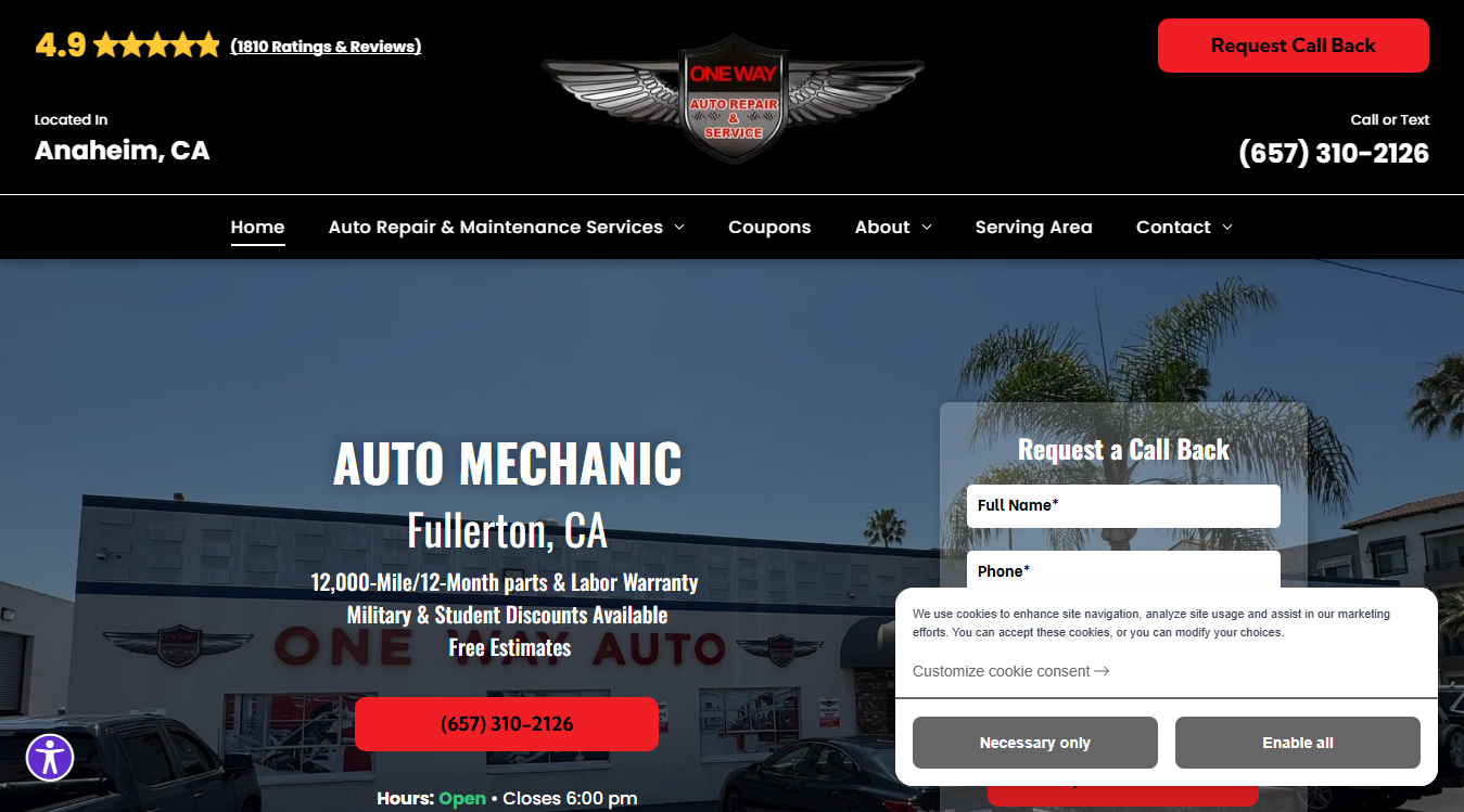 Website screenshot for One Way Auto Repair & Service