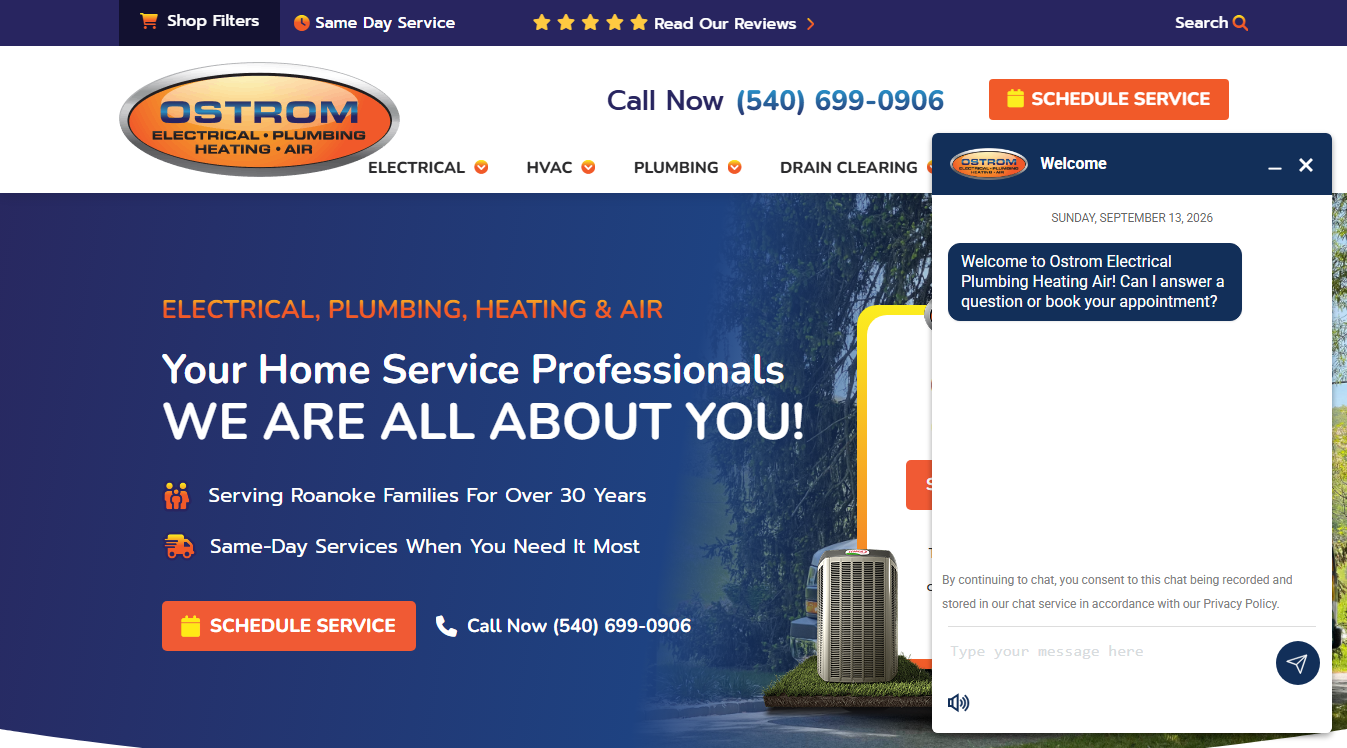 Website screenshot for Ostrom Electrical Plumbing Heating & Air