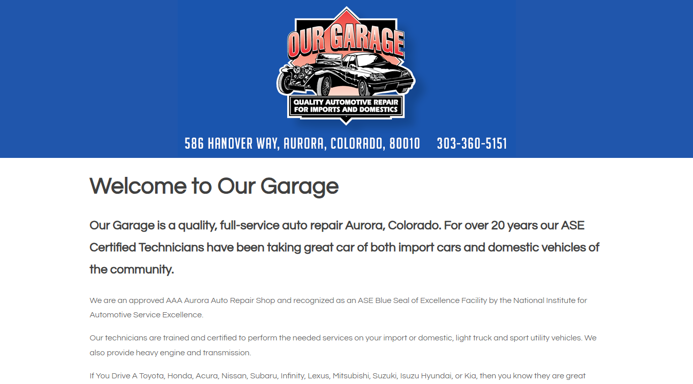Website screenshot for Our Garage Auto Repair