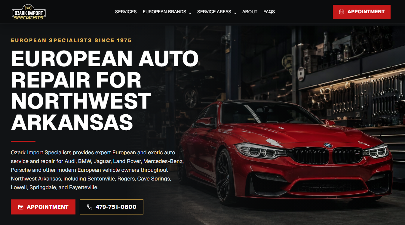 Website screenshot for Ozark Import Specialists