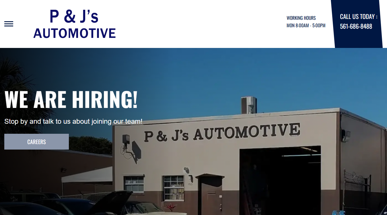 Website screenshot for P & J's Automotive