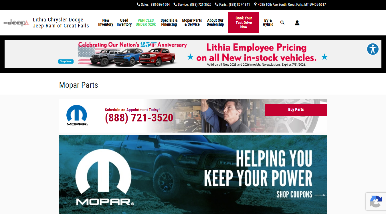 Website screenshot for Parts Center - Lithia Chrysler Dodge Jeep Ram of Great Falls