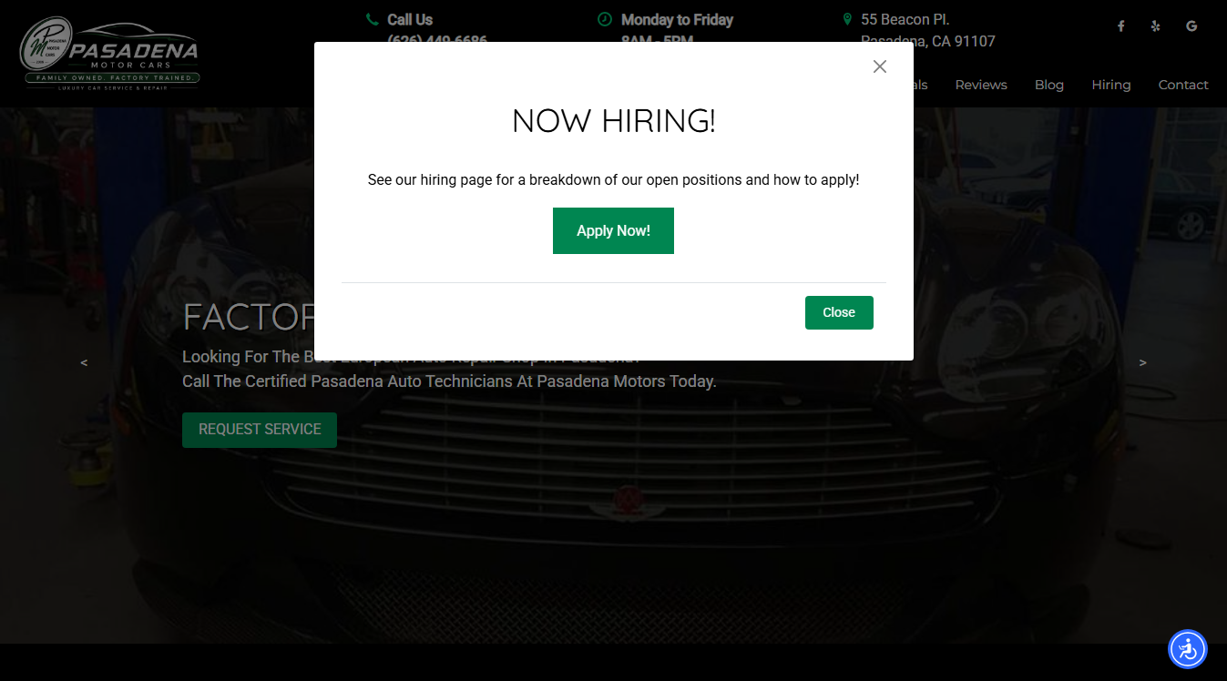 Website screenshot for Pasadena Motor Cars