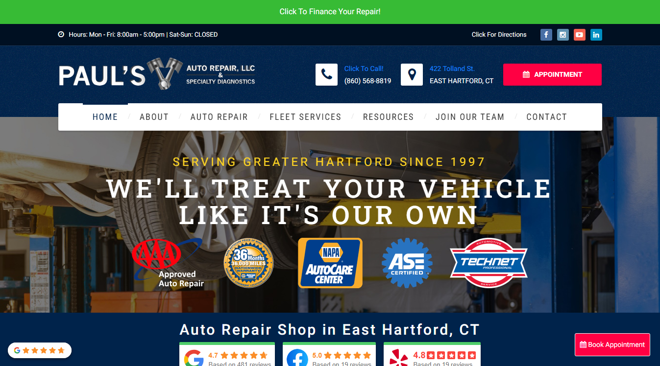 Website screenshot for Paul's Auto Repair, LLC