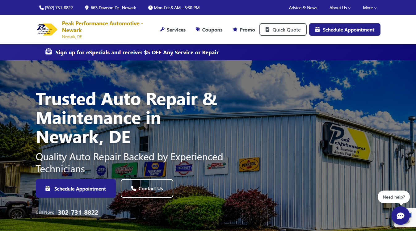 Website screenshot for Peak Performance Automotive