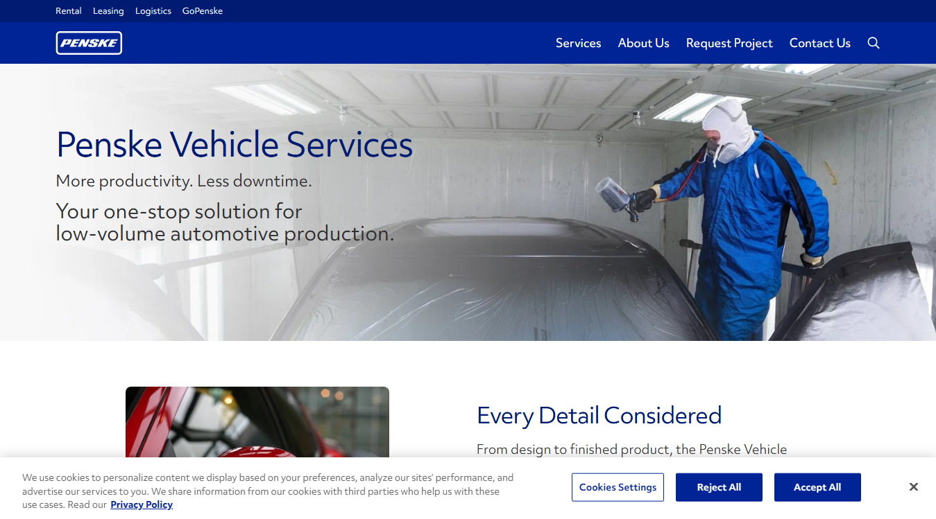 Website screenshot for Penske Vehicle Services