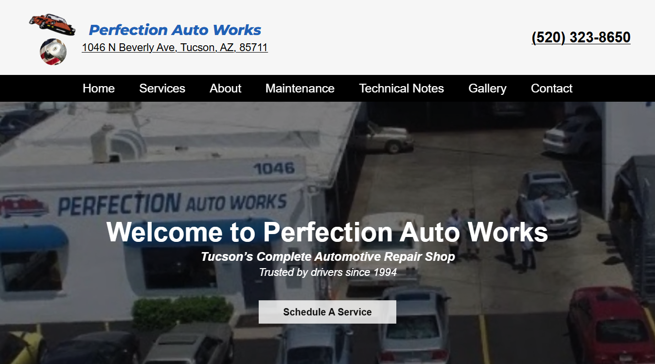 Website screenshot for Perfection Auto Works