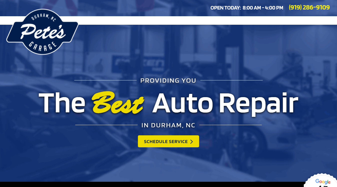 Website screenshot for Pete's Garage