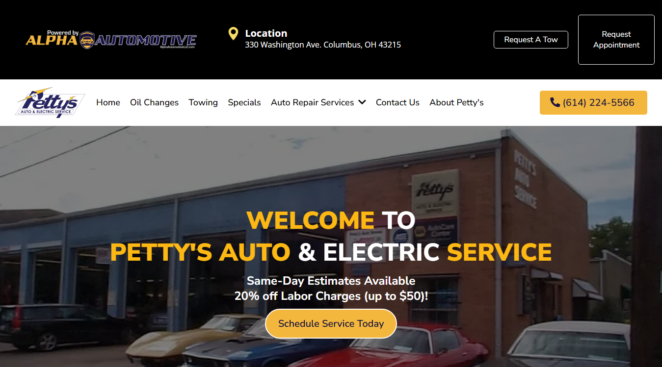 Website screenshot for Pettys Auto Electrical Services