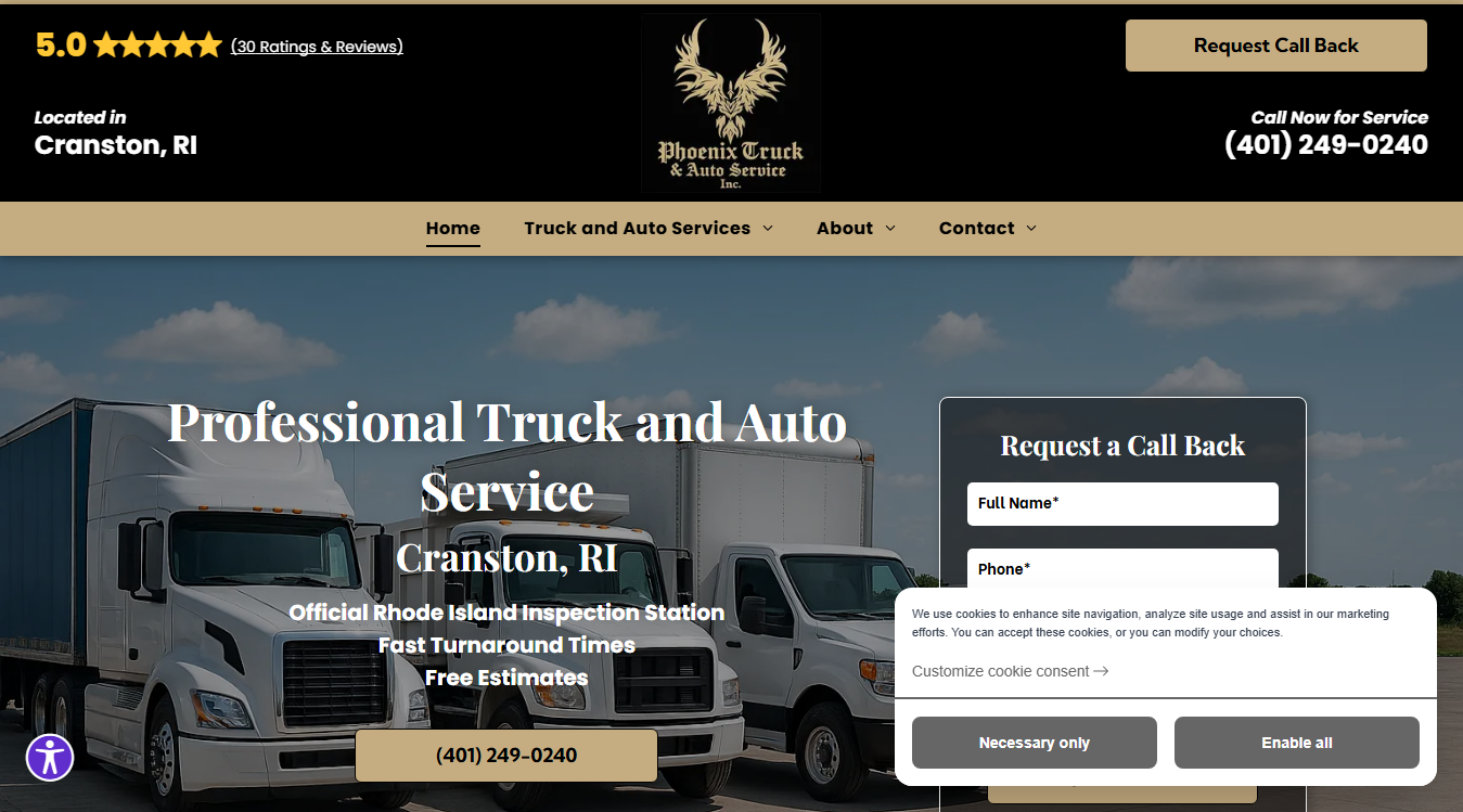 Website screenshot for Phoenix Truck & Auto Service Inc.