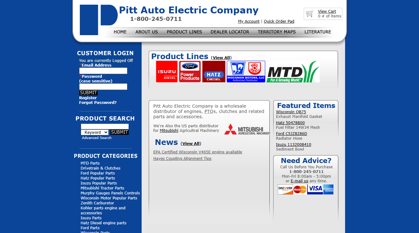 Website screenshot for Pitt Auto Electric Co